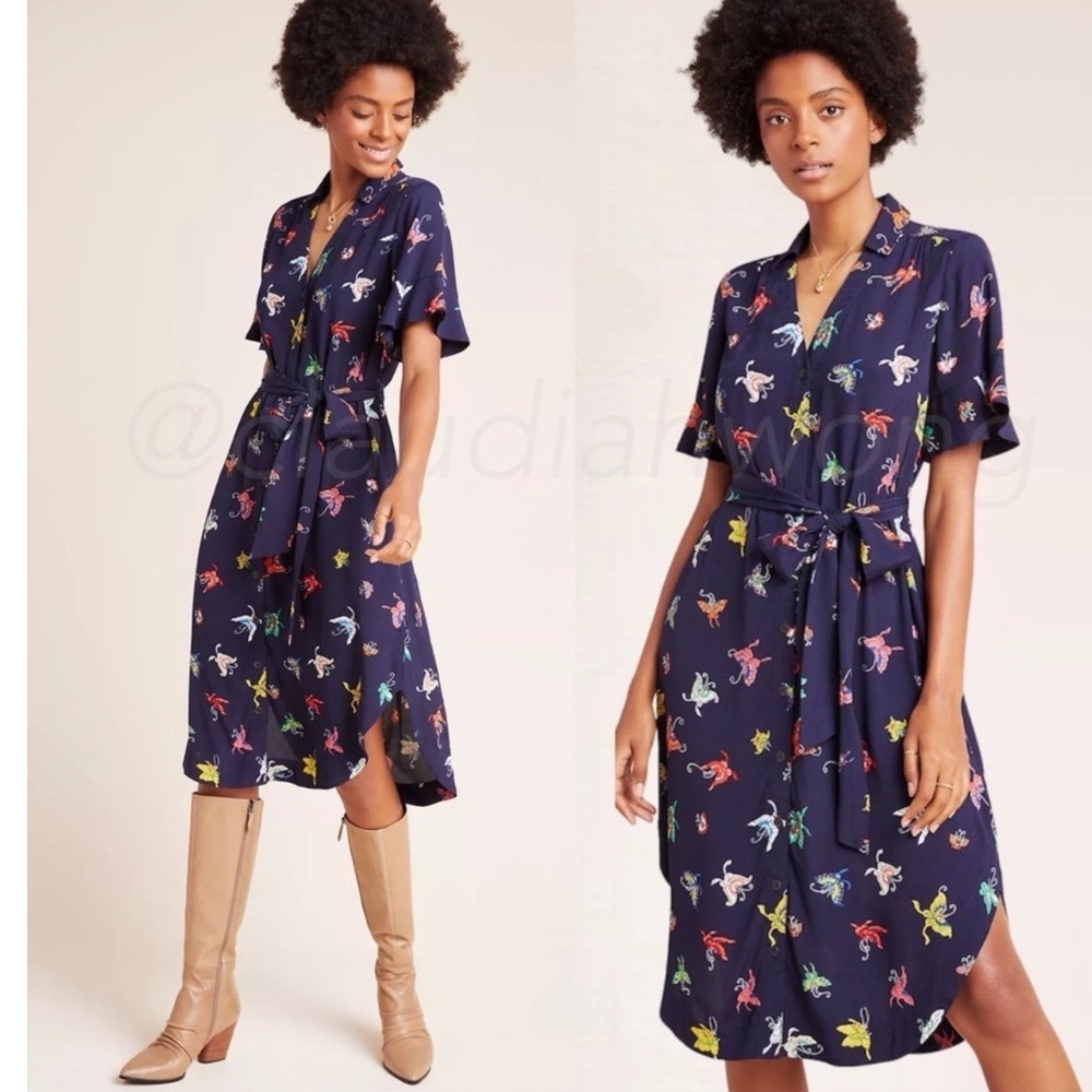 MAEVE ANTHROPOLOGIE Navy Flutterby butterfly print‎ midi shirt dress Size Large